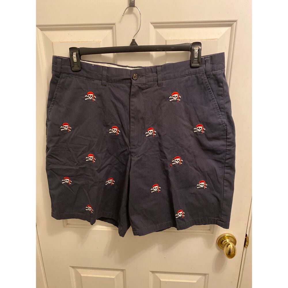 Castaway Men's Size 38 Navy Blue Pirate Print Skulls Cross Bone Chino Shorts